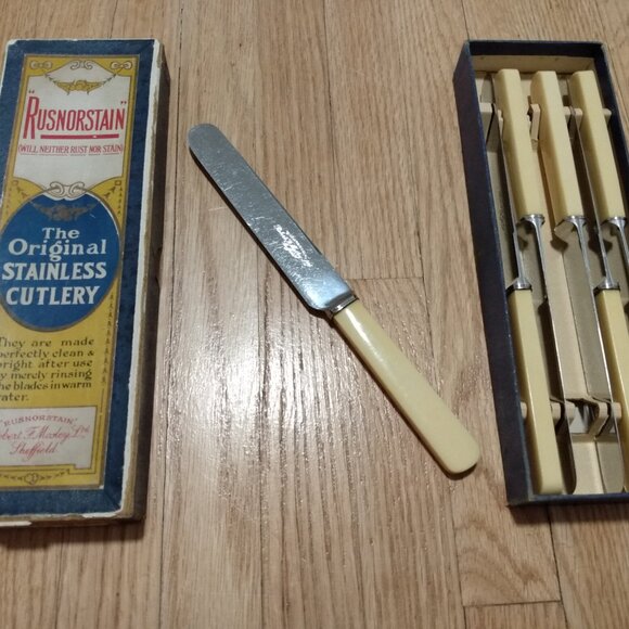 Rusnorstain Robert F. Mosley Sheffield Vintage Dessert Knives Cutlery Stainless - Picture 4 of 11